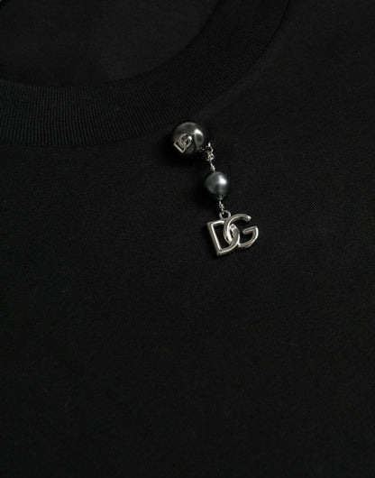 Dolce & Gabbana Schwarzes T-Shirt mit Rundhalsausschnitt aus Baumwolle mit Verzierungen
