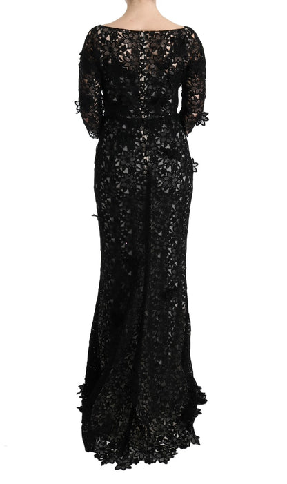 Dolce & Gabbana Schwarzes geblümtes langes Kleid aus Baumwollseide