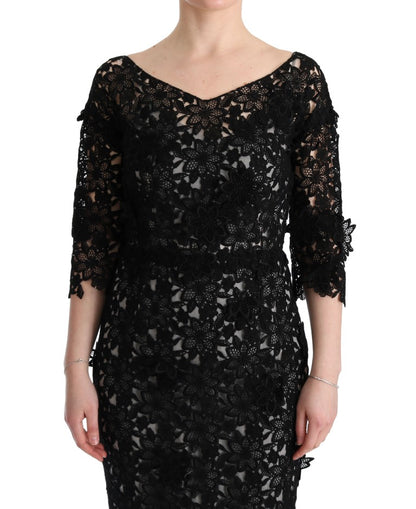Dolce & Gabbana Schwarzes geblümtes langes Kleid aus Baumwollseide