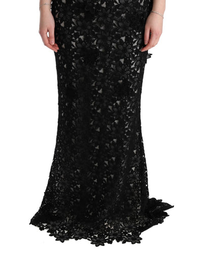 Dolce & Gabbana Schwarzes geblümtes langes Kleid aus Baumwollseide