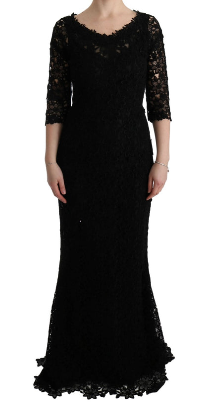 Dolce & Gabbana Schwarzes geblümtes langes Ricamo Etuikleid