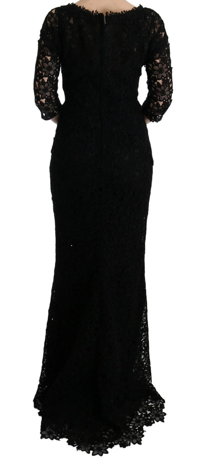 Dolce & Gabbana Schwarzes geblümtes langes Ricamo Etuikleid