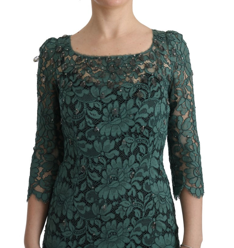 Dolce & Gabbana Grünes geblümtes Crystal Ricamo Etuikleid