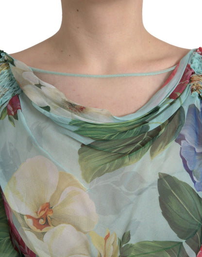 Dolce & Gabbana Blaues gestuftes Maxikleid mit Blumendruck