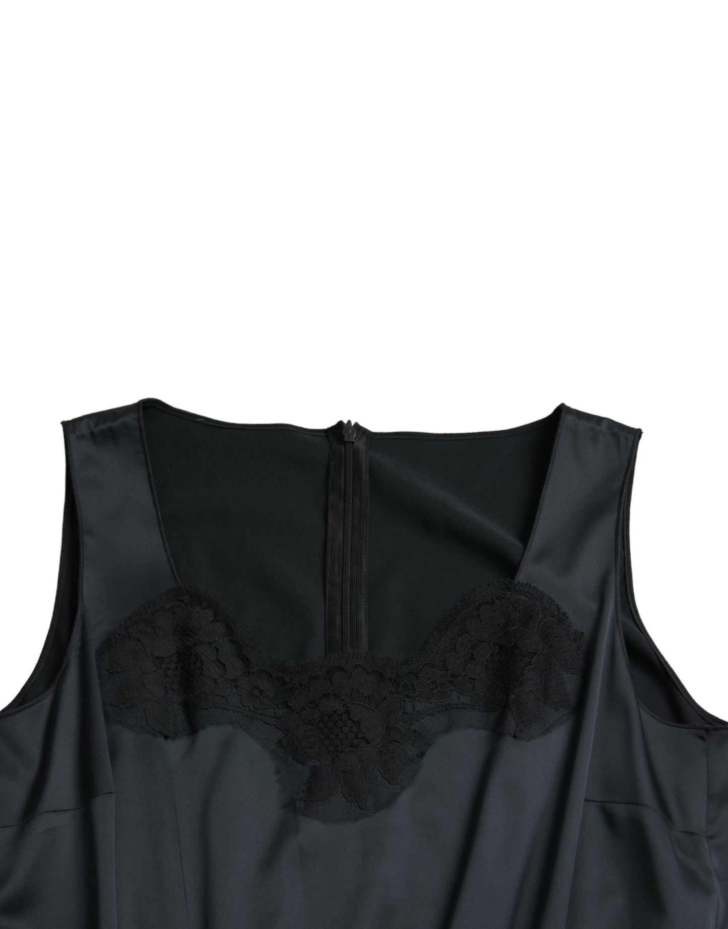 Dolce & Gabbana Schwarzes Polyester-Midikleid mit Spitzenbesatz