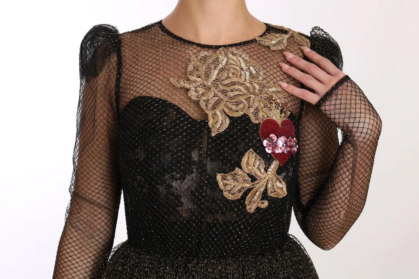 Dolce & Gabbana Schwarz Gold Kristall Herz A-Linien Kleid
