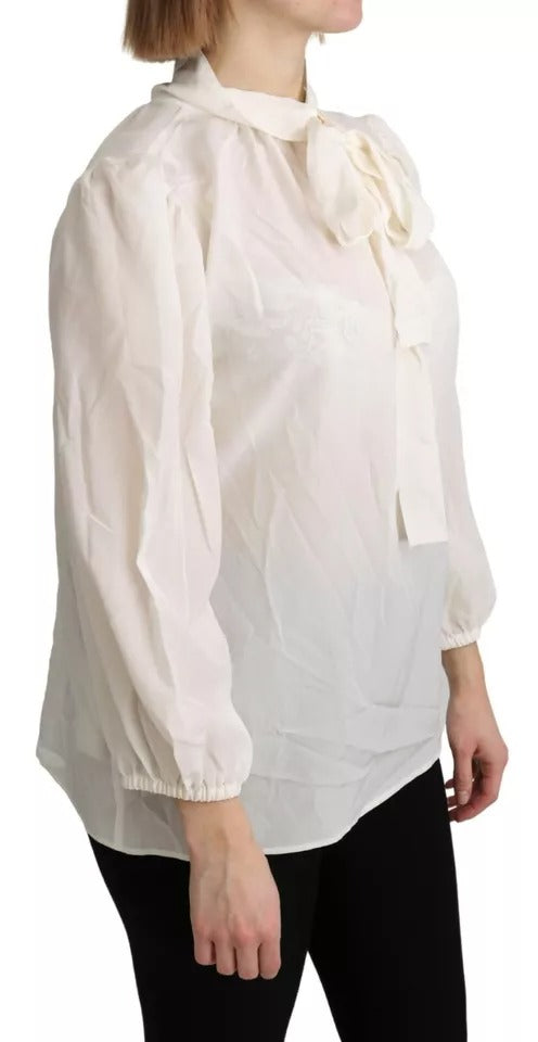 Dolce & Gabbana Off White Scarfneck Long Sleeves Bluse Seidenoberteil