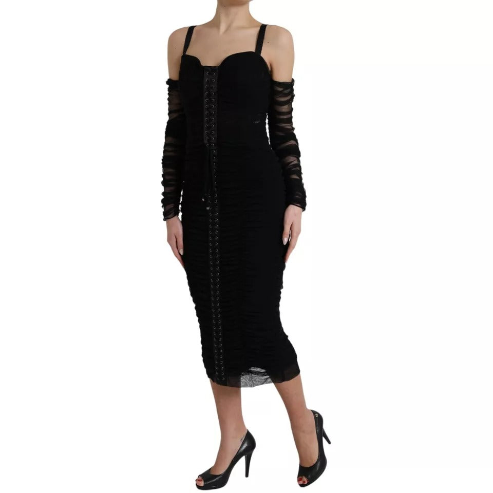 Dolce & Gabbana Schwarzes Midikleid mit kalten Schultern aus Stretch-Tüll