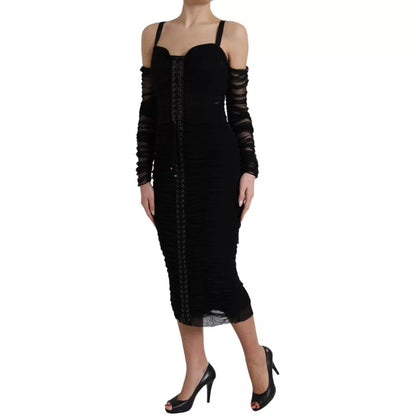 Dolce & Gabbana Schwarzes Midikleid mit kalten Schultern aus Stretch-Tüll