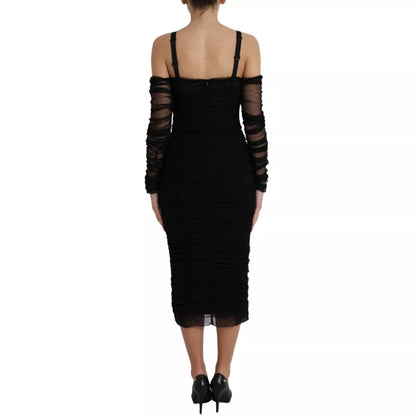 Dolce & Gabbana Schwarzes Midikleid mit kalten Schultern aus Stretch-Tüll