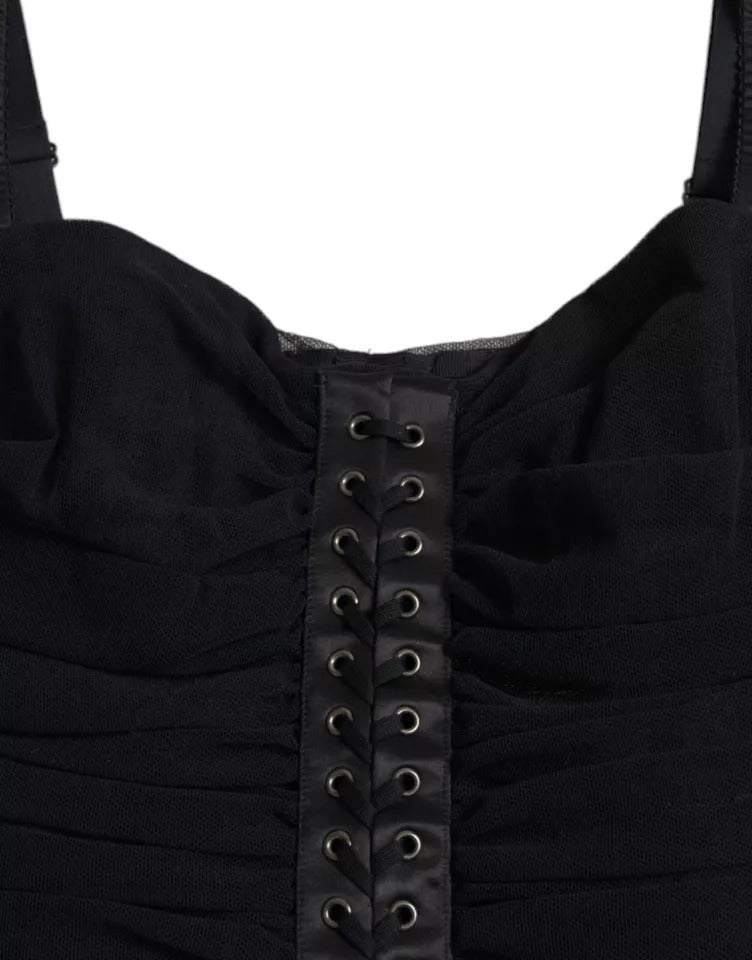 Dolce & Gabbana Schwarzes Midikleid mit kalten Schultern aus Stretch-Tüll