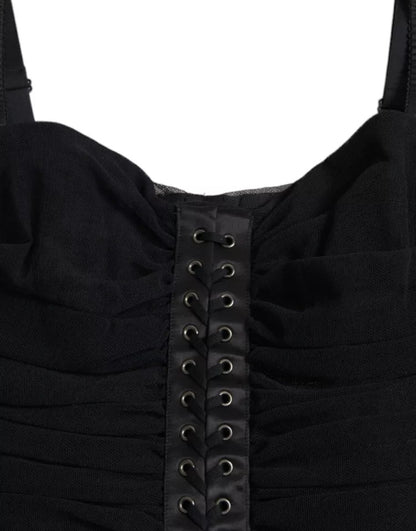 Dolce & Gabbana Schwarzes Midikleid mit kalten Schultern aus Stretch-Tüll