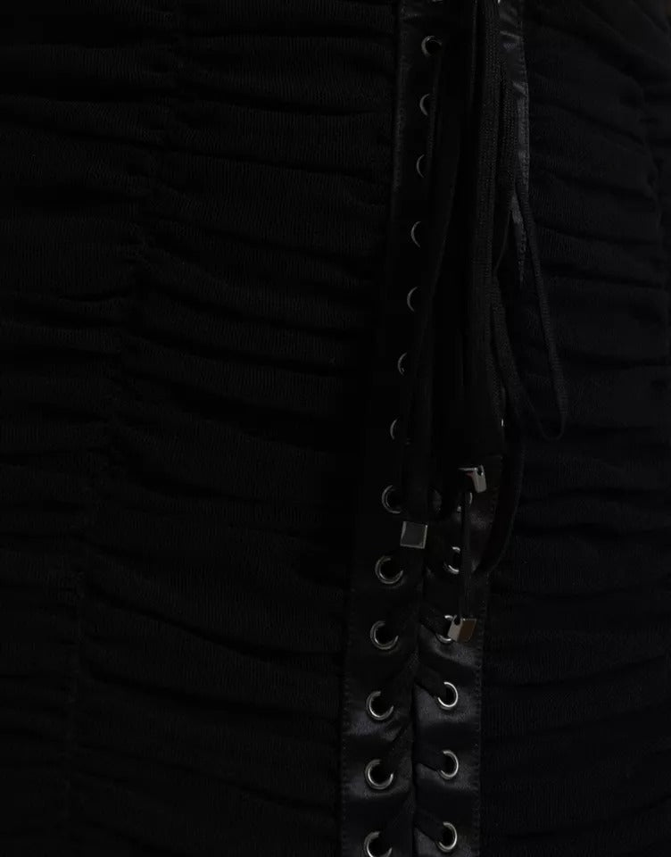 Dolce & Gabbana Schwarzes Midikleid mit kalten Schultern aus Stretch-Tüll