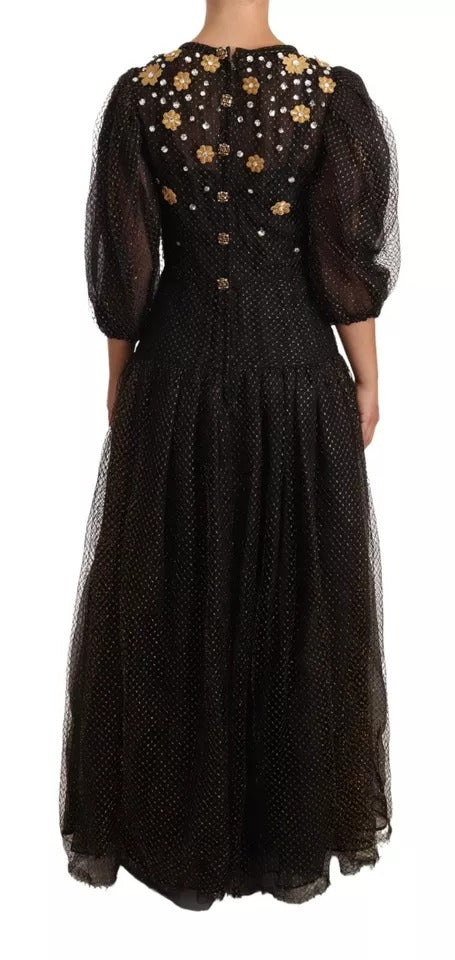Dolce &amp; Gabbana Black Crystal-Embellished Floral Maxi Ball Gown