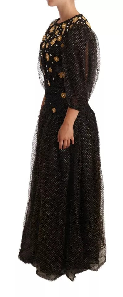 Dolce &amp; Gabbana Black Crystal-Embellished Floral Maxi Ball Gown