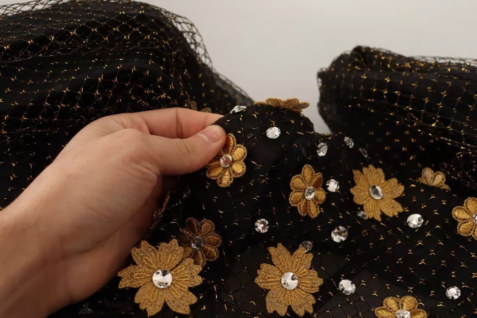 Dolce &amp; Gabbana Black Crystal-Embellished Floral Maxi Ball Gown