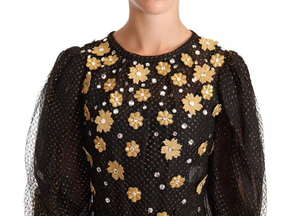 Dolce &amp; Gabbana Black Crystal-Embellished Floral Maxi Ball Gown