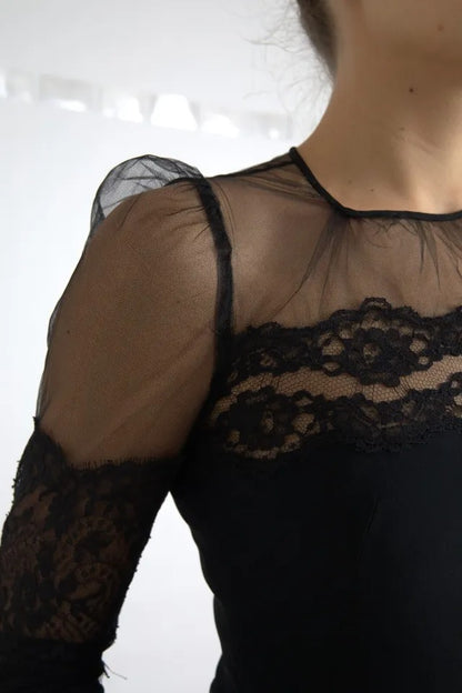 Dolce & Gabbana Schwarzes Midikleid aus transparenter, floraler Spitze