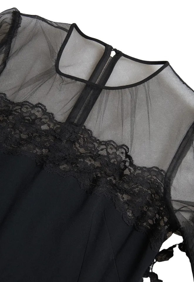 Dolce & Gabbana Schwarzes Midikleid aus transparenter, floraler Spitze