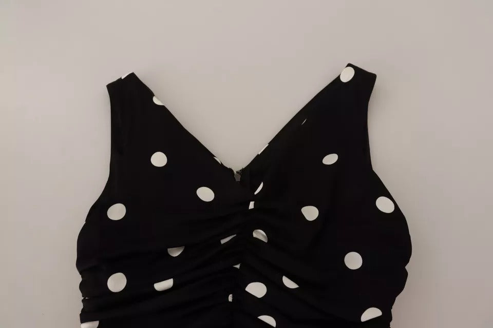 Dolce & Gabbana Schwarzes Seiden-Polka-Dots-Midikleid mit V-Ausschnitt