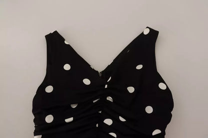 Dolce & Gabbana Schwarzes Seiden-Polka-Dots-Midikleid mit V-Ausschnitt