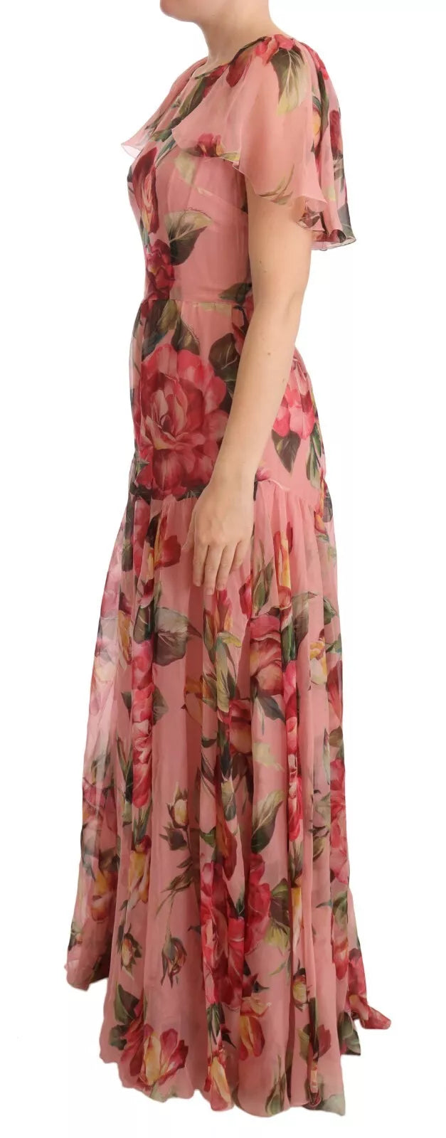 Dolce & Gabbana Rosa Seiden-Maxikleid mit Blumendruck