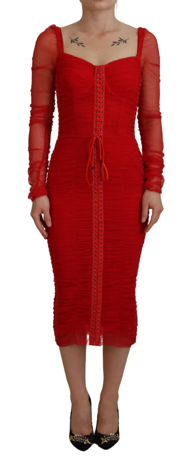 Dolce &amp; Gabbana Red Mesh Bodycon Sheath Midi Dress