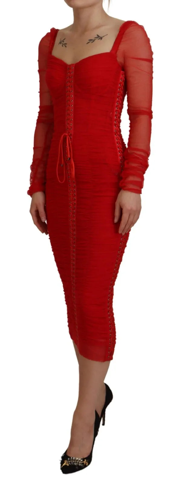 Dolce &amp; Gabbana Red Mesh Bodycon Sheath Midi Dress