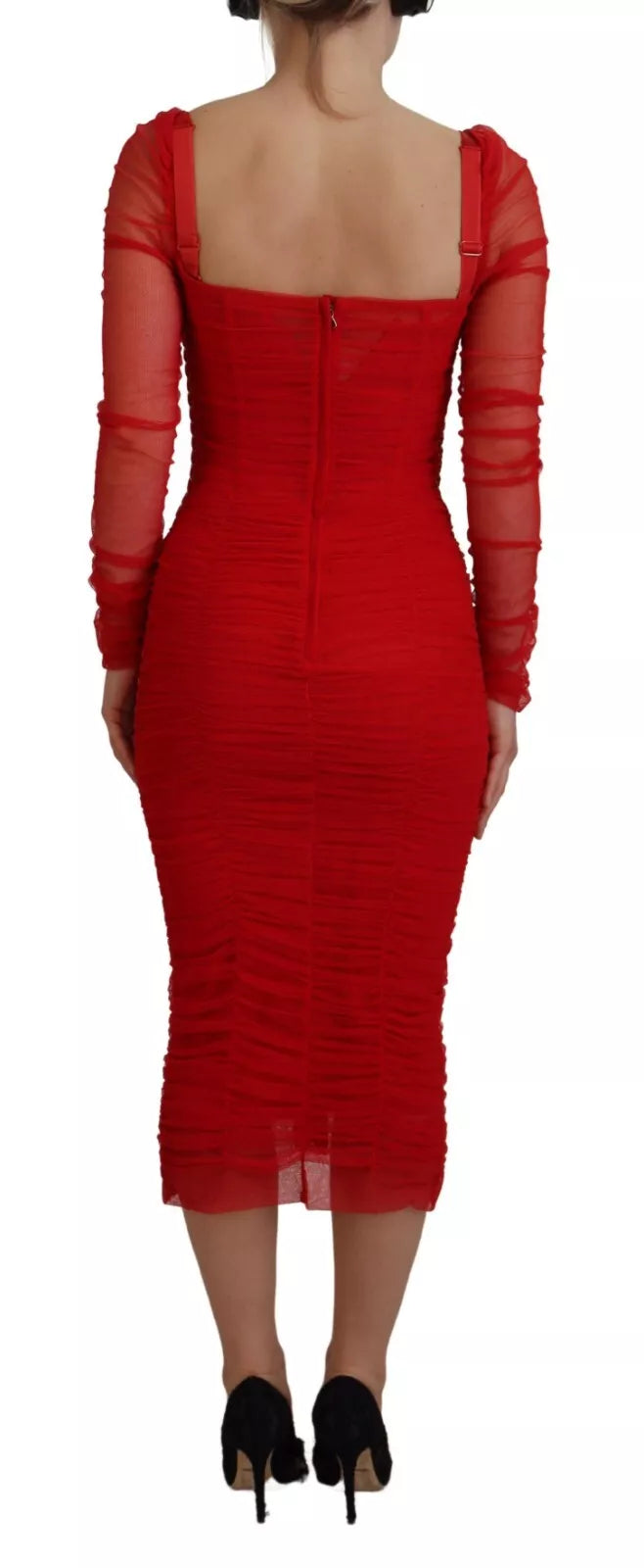 Dolce &amp; Gabbana Red Mesh Bodycon Sheath Midi Dress