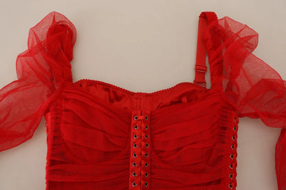 Dolce & Gabbana Rotes Netzbesetztes Bodycon Etuikleid Midikleid