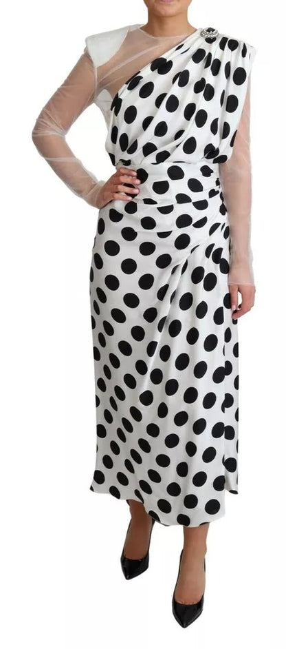 Dolce &amp; Gabbana White Polka Dot Crystal One-Shoulder Dress