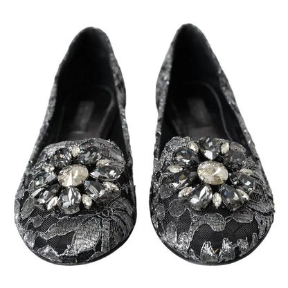Dolce & Gabbana Graue Schwarze Spitze Kristall Ballett Loafers Schuhe