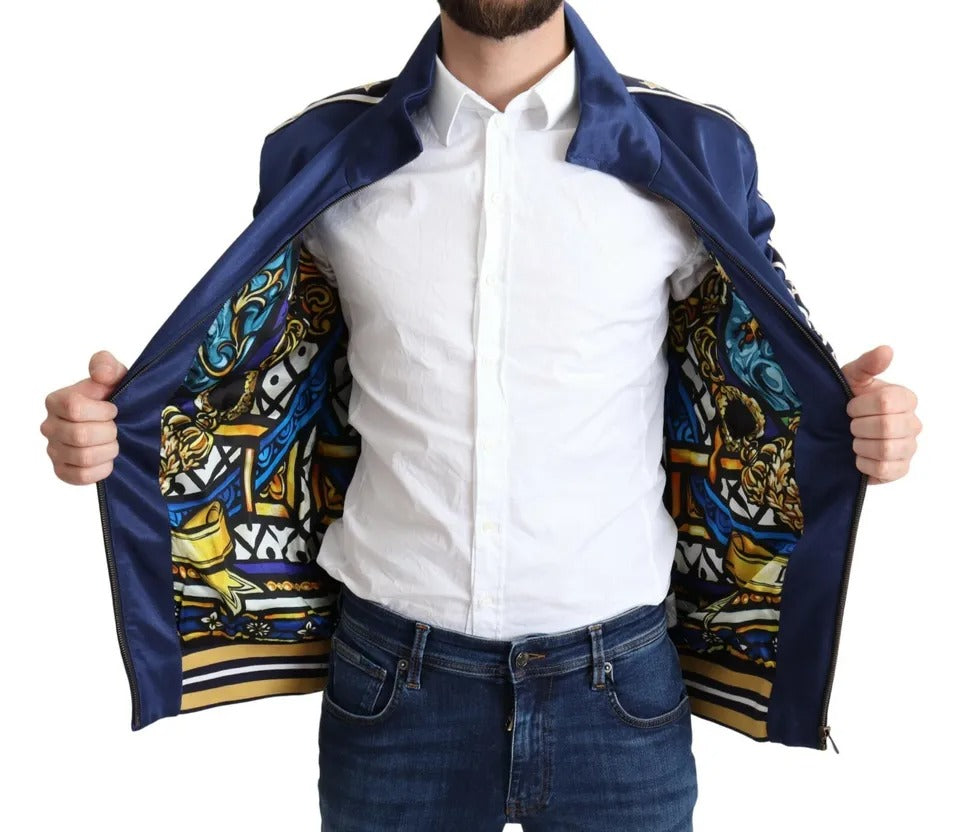 Dolce & Gabbana Blauer gestreifter Königsbienen-Pullover mit heraldischem Aufnäher