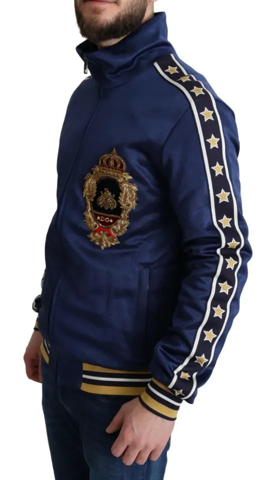 Dolce & Gabbana Blauer gestreifter Königsbienen-Pullover mit heraldischem Aufnäher