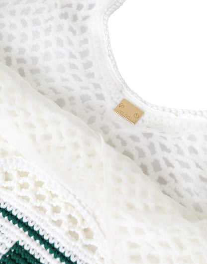 Dolce &amp; Gabbana White Green Knitted Cotton Logo Tote Bag