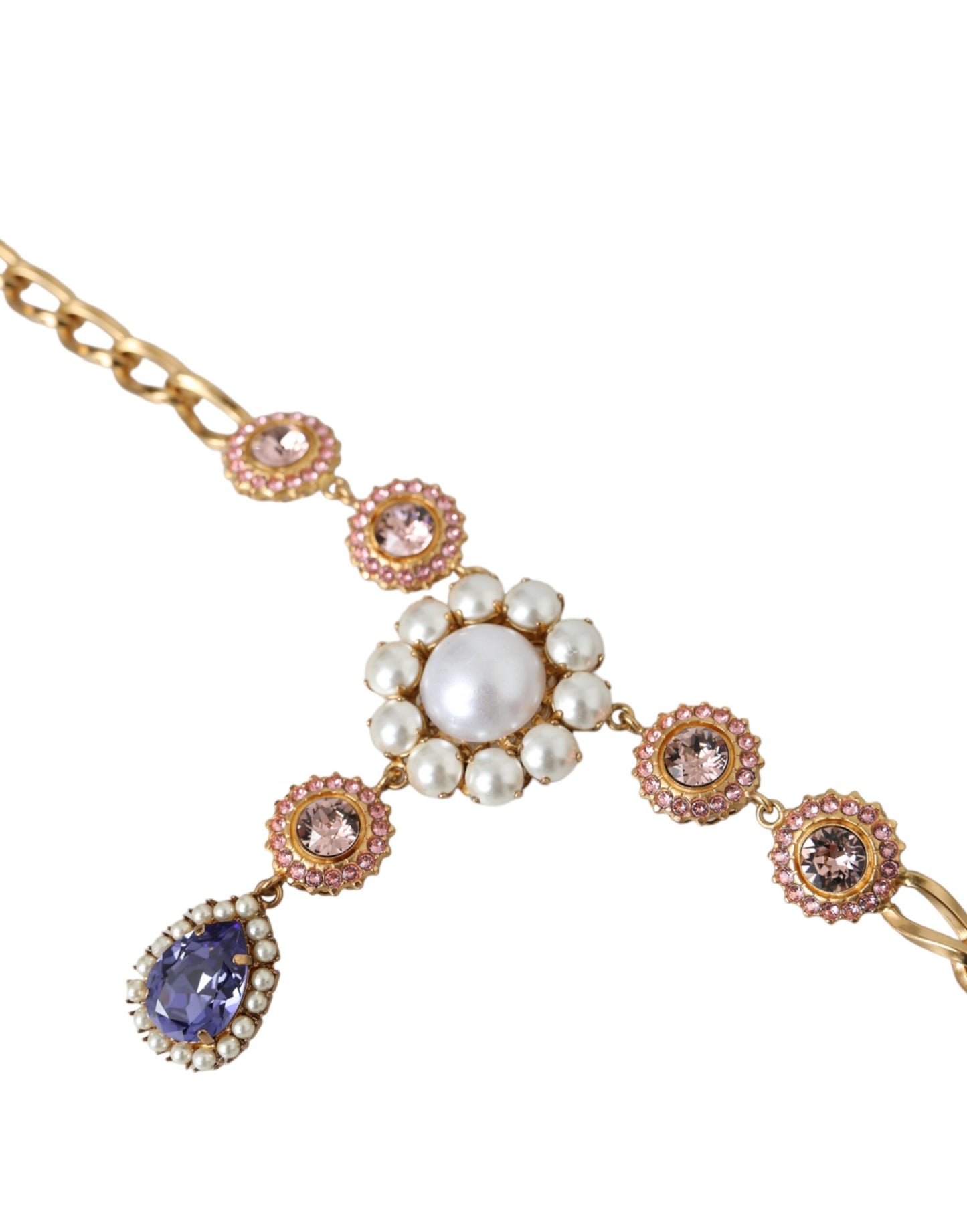 Dolce &amp; Gabbana Gold Brass Crystal Purple Pink Pearl Pendant Necklace