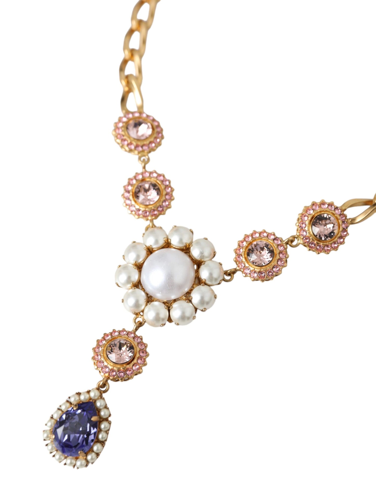 Dolce &amp; Gabbana Gold Brass Crystal Purple Pink Pearl Pendant Necklace