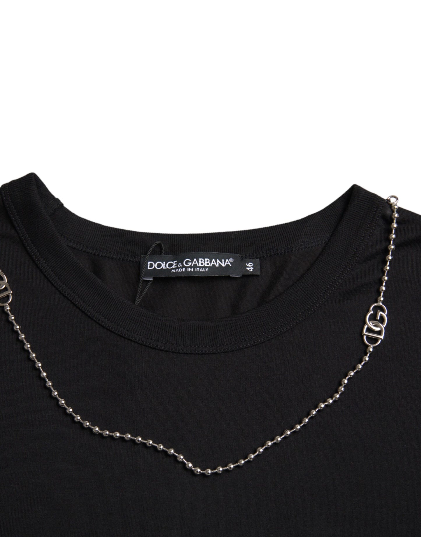 Dolce & Gabbana Schwarzes Baumwoll-Silberketten-T-Shirt mit kurzen Ärmeln