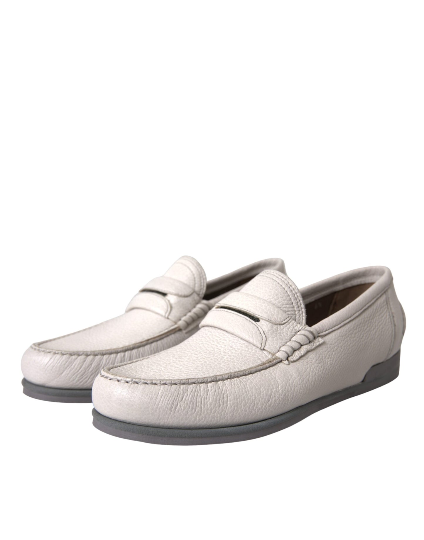 Dolce &amp; Gabbana White Grey Leather Slip Mocassin Shoes Loafer