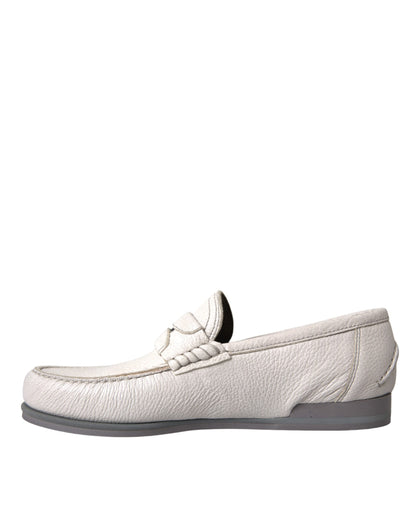 Dolce &amp; Gabbana White Grey Leather Slip Mocassin Shoes Loafer