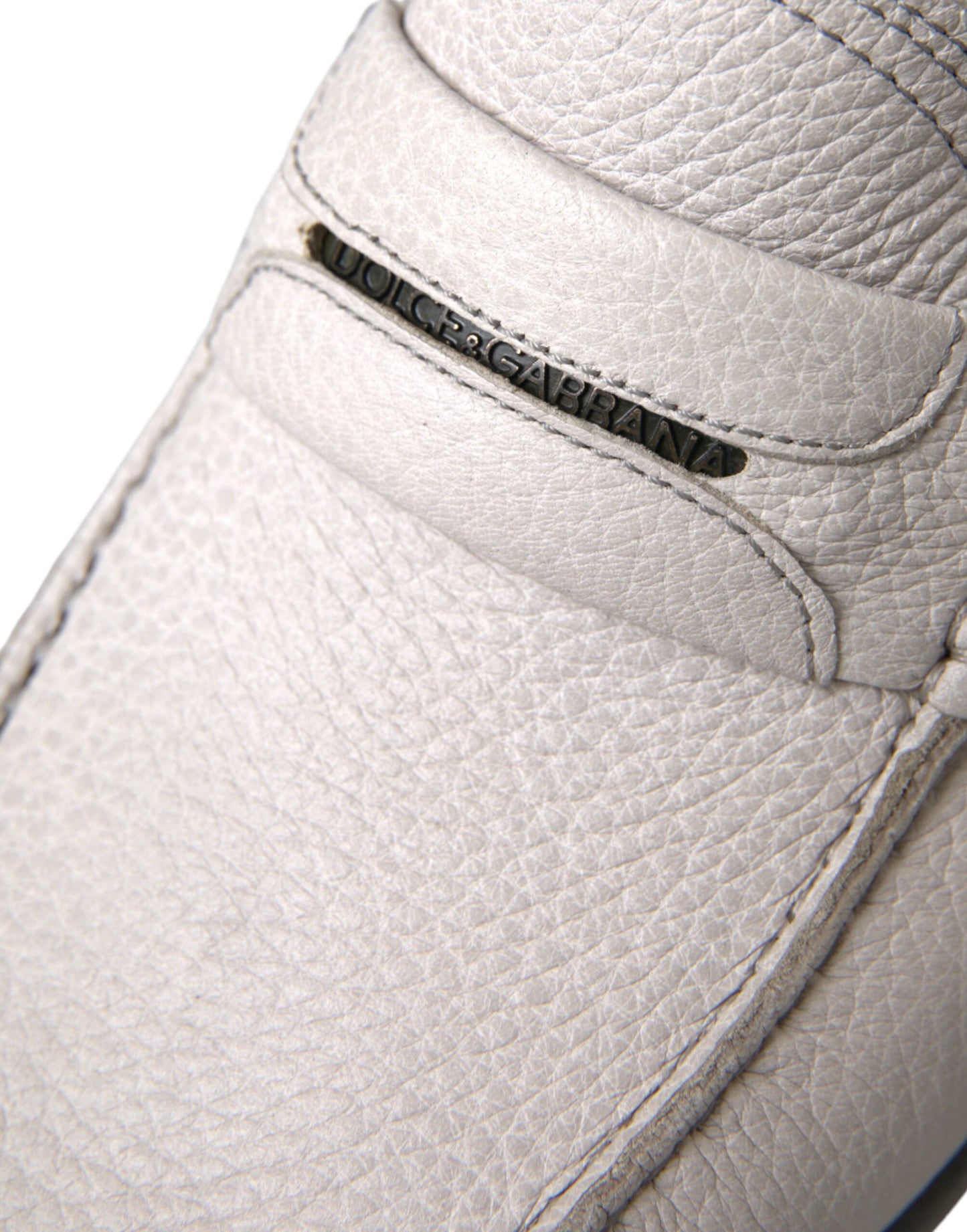 Dolce &amp; Gabbana White Grey Leather Slip Mocassin Shoes Loafer