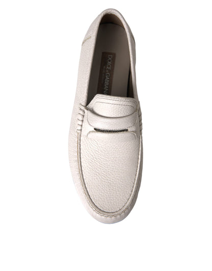 Dolce &amp; Gabbana White Grey Leather Slip Mocassin Shoes Loafer
