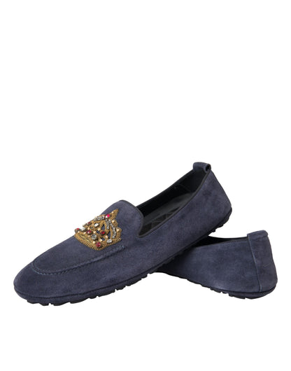Dolce & Gabbana Blaue Leder Wildleder Crystal Crown Loafers Schuhe