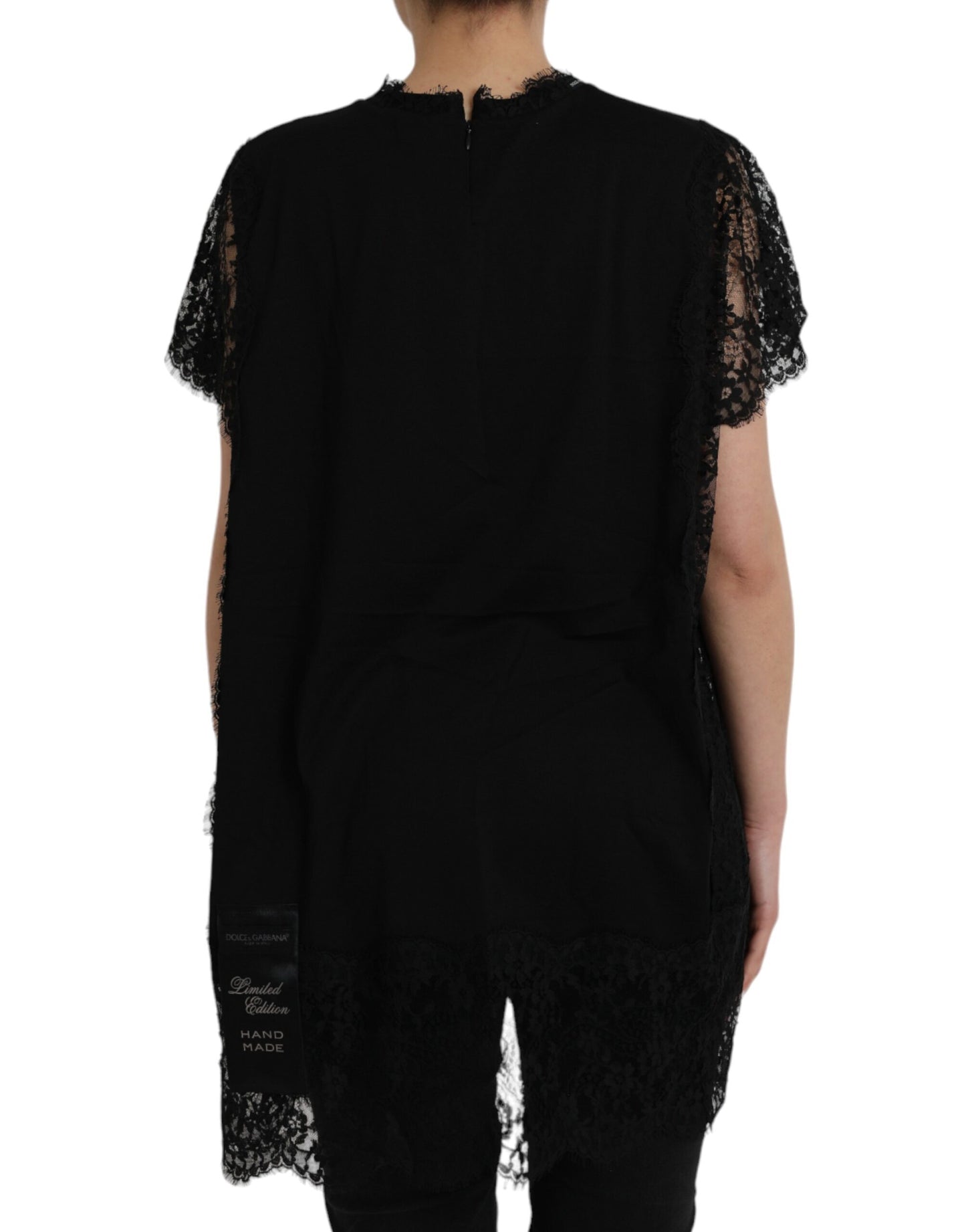 Dolce & Gabbana Schwarzes T-Shirt aus Baumwollspitze mit Sacred Heart Print