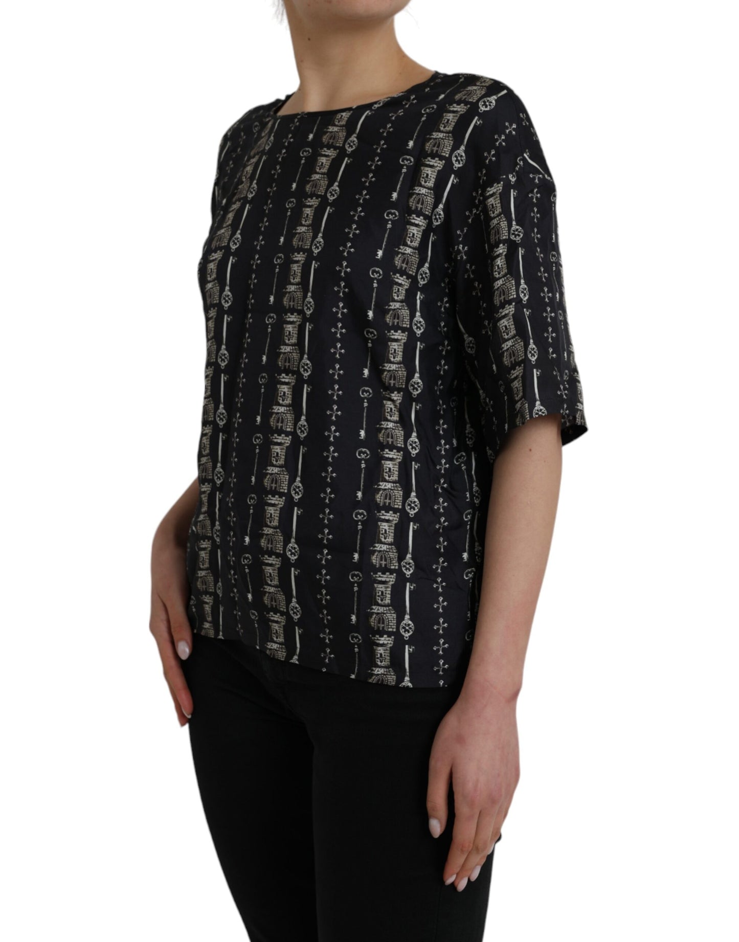 Dolce & Gabbana Schwarzes Seidenblusen-T-Shirt mit Schlüsselanhänger
