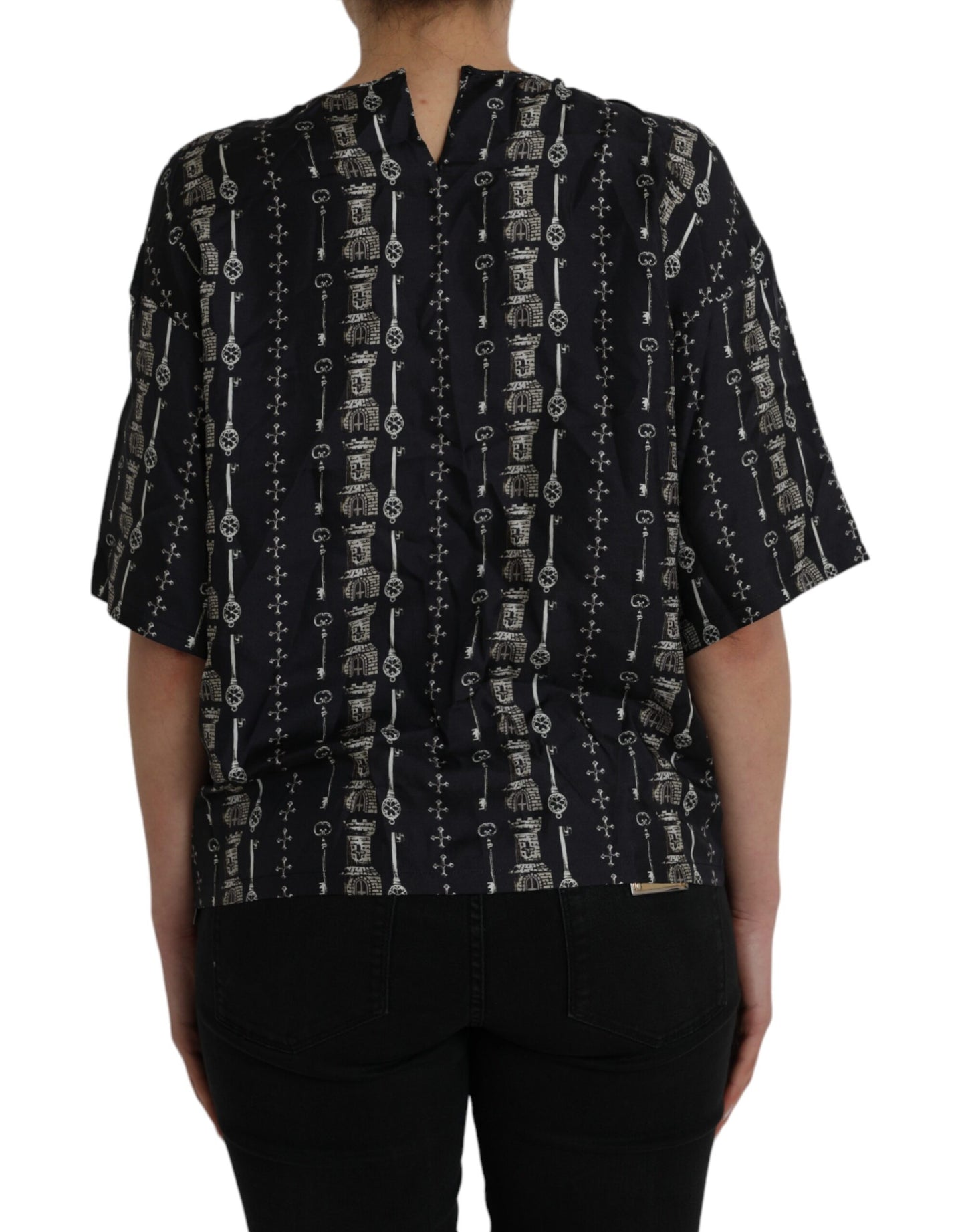 Dolce & Gabbana Schwarzes Seidenblusen-T-Shirt mit Schlüsselanhänger