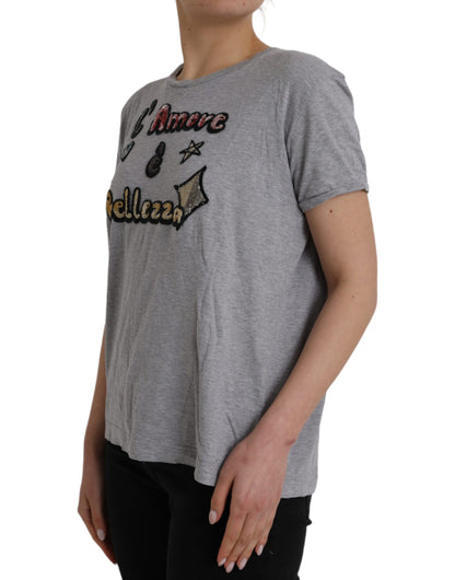 Dolce & Gabbana Graues Baumwoll-T-Shirt L'Amore E'Bellezza Top