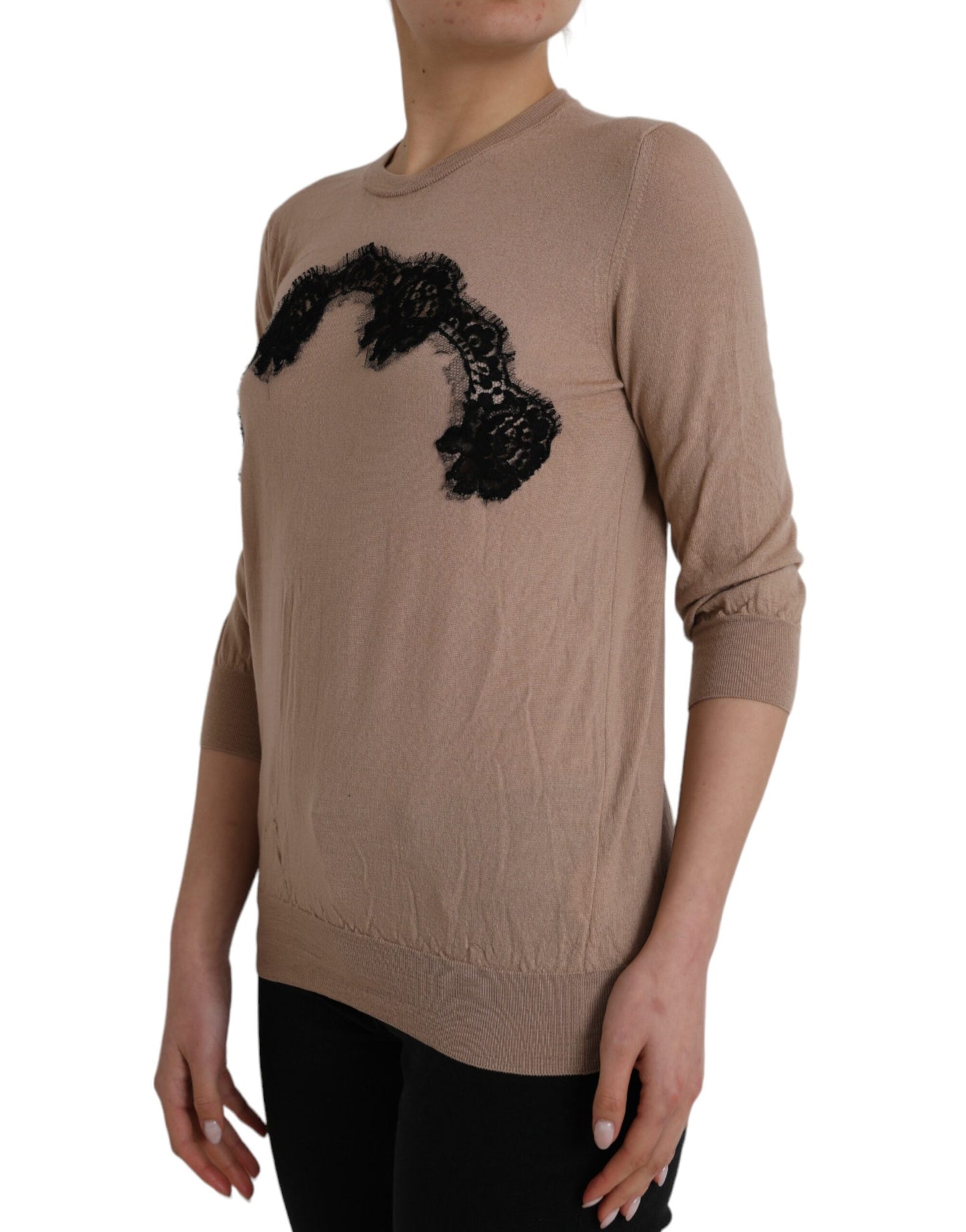 Dolce & Gabbana Braun Wolle Schwarz Spitze 3/4 Ärmel Bluse Top