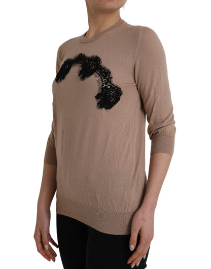 Dolce & Gabbana Braun Wolle Schwarz Spitze 3/4 Ärmel Bluse Top
