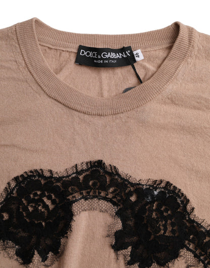 Dolce & Gabbana Braun Wolle Schwarz Spitze 3/4 Ärmel Bluse Top